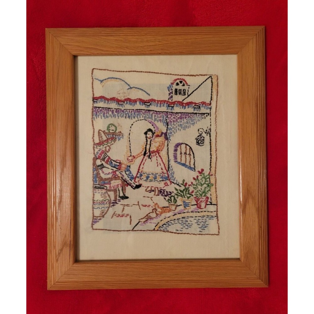 Finished Needlepoint Mexican Pueblo Scene in Frame 10.5 x 12.5 Inches Unsigned